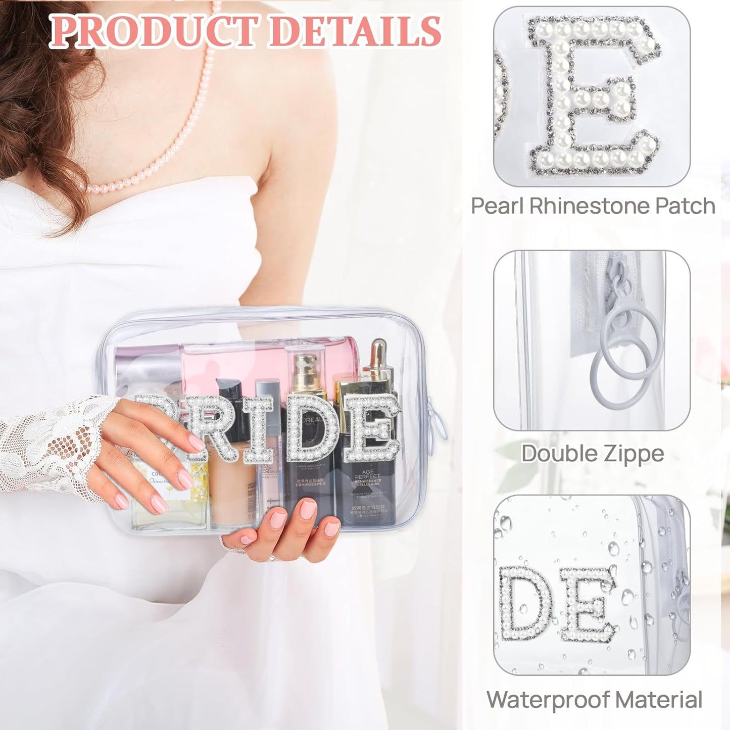 Etercycle Bride Clear Makeup Bag, Bridal Shower Gifts Engagement Cosmetic Bag, Bling Pearl Rhinestone Letter Patches Waterproof PVC Travel Organizer for Women Wedding Bachelorette Party (Gold)