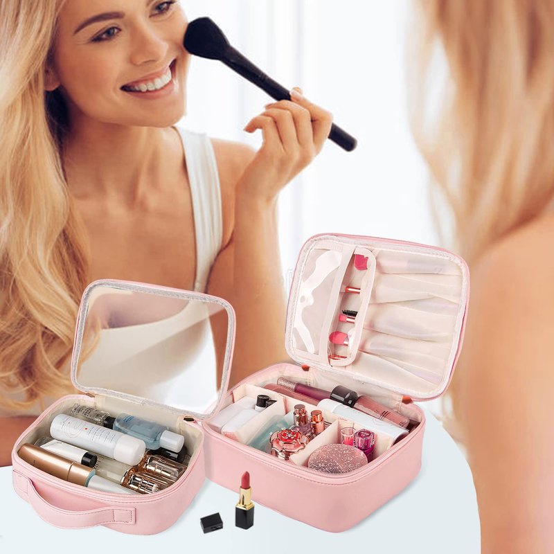 Ebbniur Makeup Bag, 2 PCS PU Leather Cosmetic Bags, Portable Travel Makeup Case, Large Makeup Organizer with Clear Makeup Bag for Women (Pink)