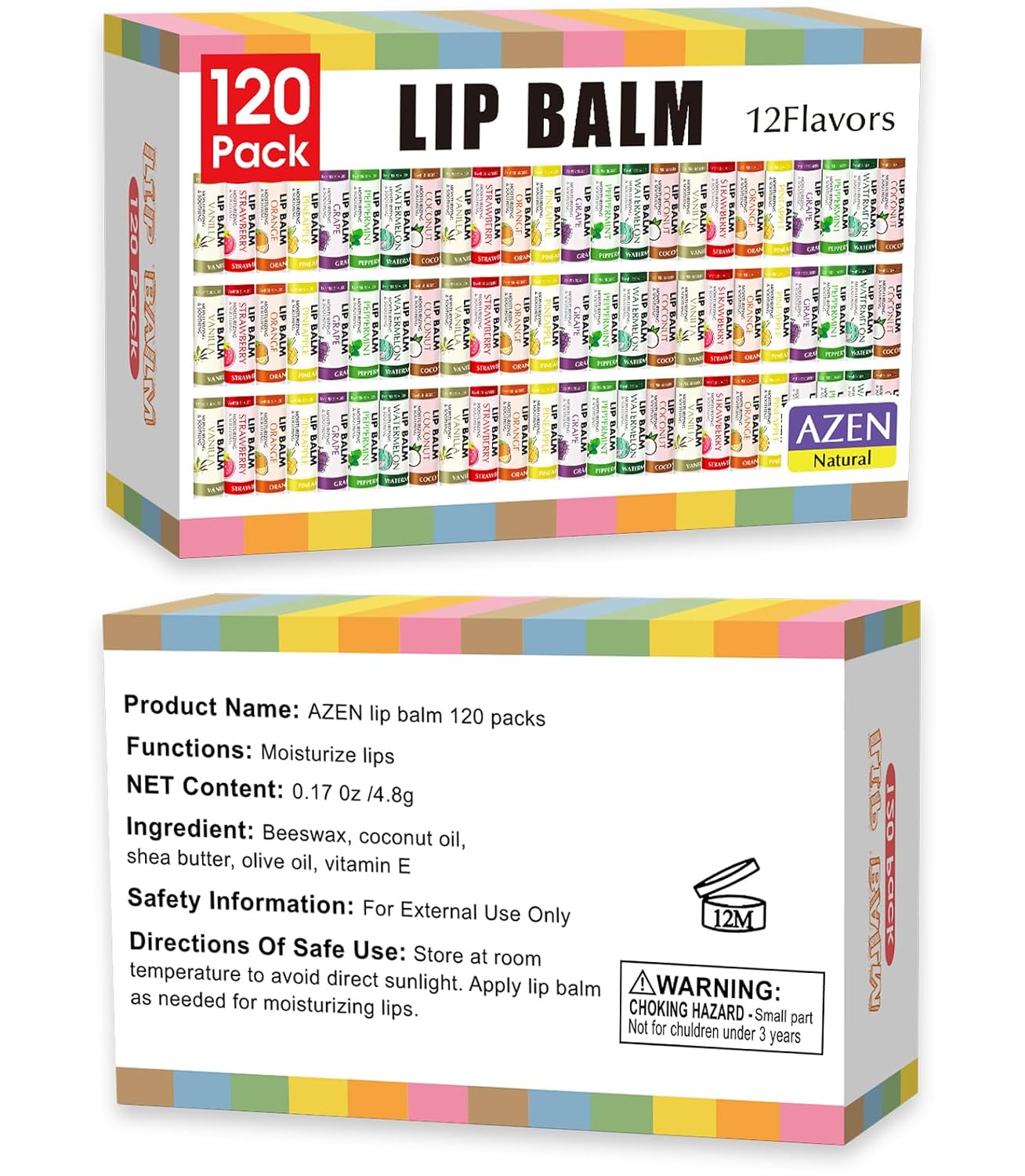 Azen Lip Balm Bulk - 120 Pack Moisturizing Lip Balms for Dry Cracked Lips | 12 Delicious Flavors
