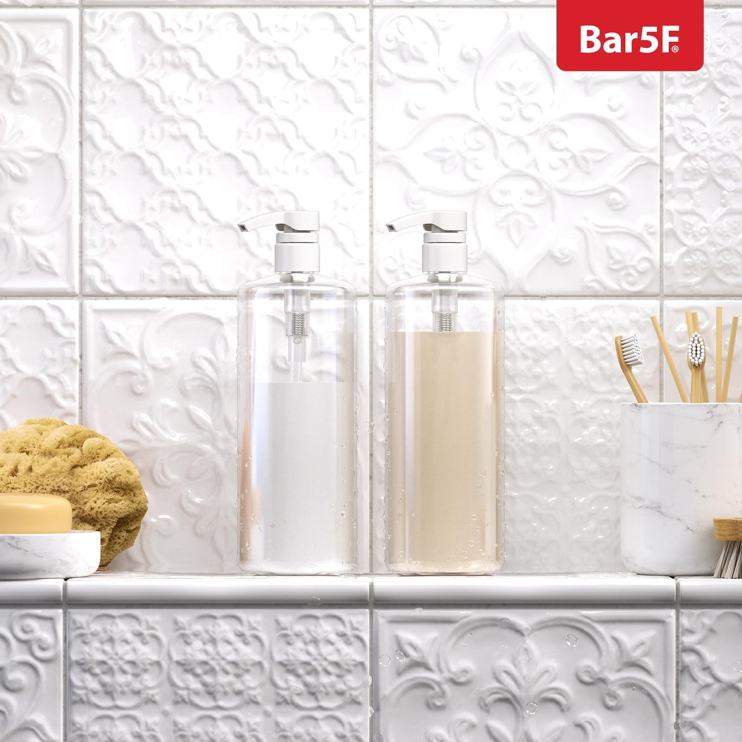 Bar5F 1-Liter Pumps for Shampoo and Conditioner Bottles for 33.8-Ounce Professional Salon Brands (White & Black)