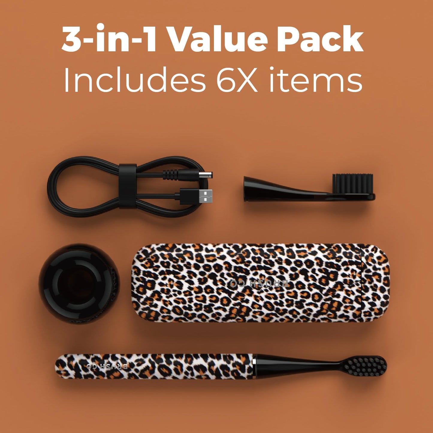 MIPOW Brush GO SlimPro i4 Electric Toothbrush Rechargeable Smart Ultra Sonic 3 Modes, Travel Case & Ceramic Dock, 60Day Battery Soft Bristles 2 Heads IPX7 Waterproof, Color-Leopard Edition