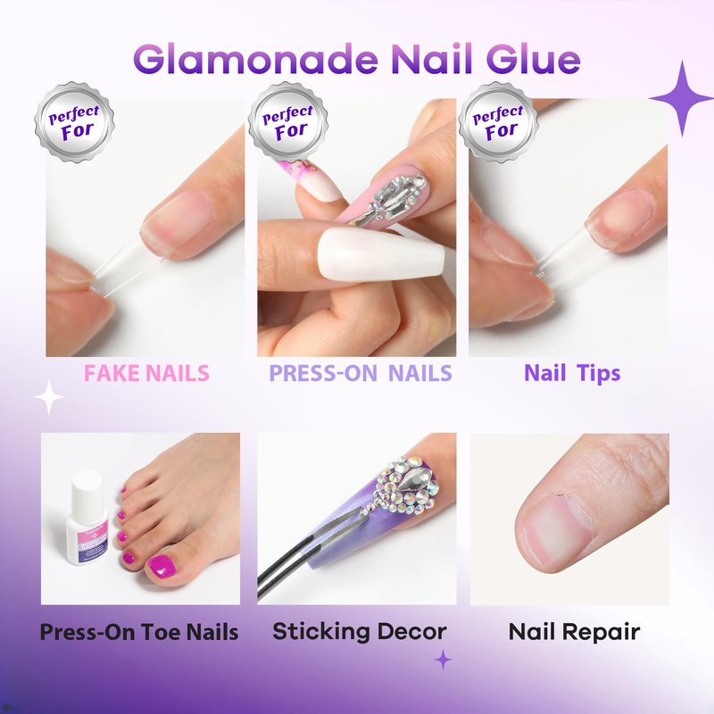 Glamonade Super Strong Nail Glue: Press on Nails, Acrylic Nails, Fake & False Nail Tips Glue - 10ml Brush on Professional Easy Long-Lasting Adhesive(10ml*3)