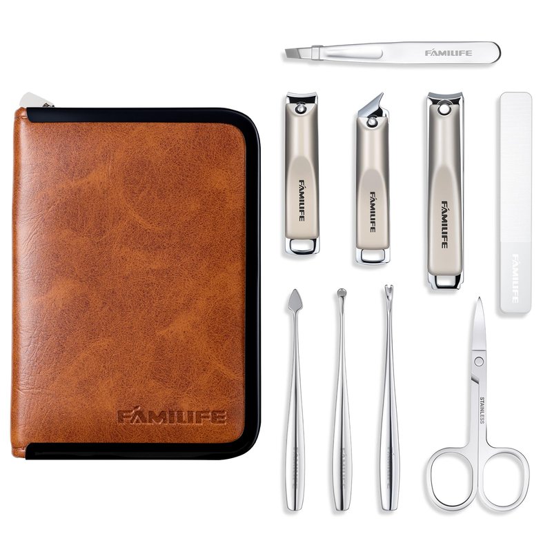 FAMILIFE Nail Care Kit 9-in-1 Professional - Carbon Steel Cuticle Scissors, Fingernail & Toenail Clippers for Nails, Manicure Set Travel Grooming Kit with Case (Brown)