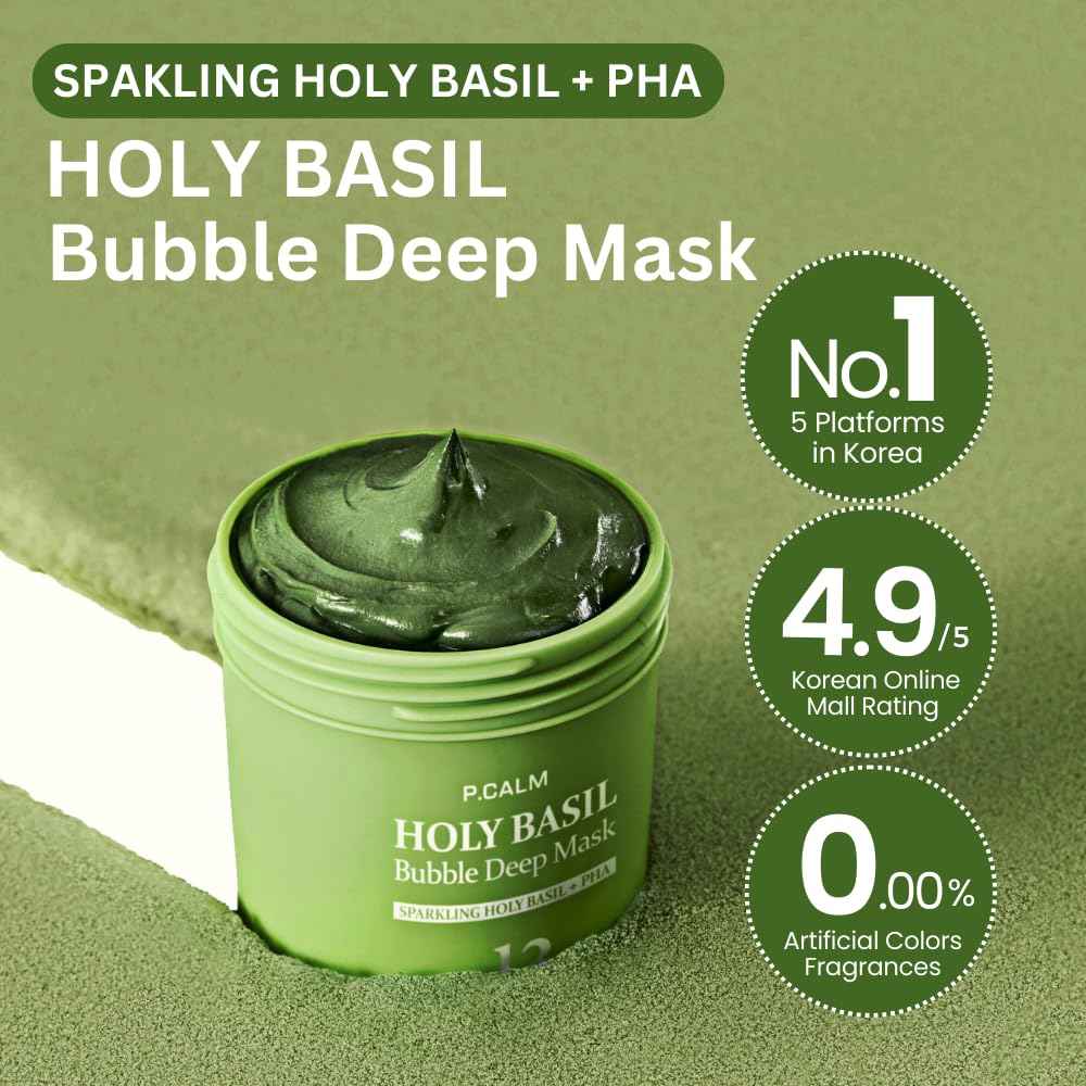 P.CALM Holy Basil Bubble Deep Mask ā Holy Basil & Carbonated Water for Cleansing Pores & Blackheads, Korean Clay to Bubble Wash-Off Pack (90g / 3.17 oz)