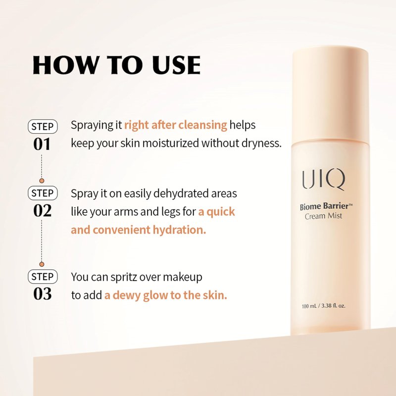 UIQ Biome Barrier Cream Mist, Skin Microbiome-Powered Face Mist with Hyaluronic Acid & Niacinamide, Deep Hydration, Glow & Soothing, Korean Skin Care, 100ml / 3.38 fl. oz.
