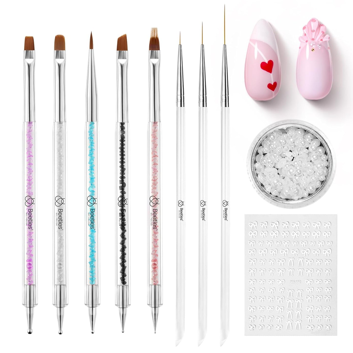 Beetles Nail Art Brushes, 8pcs Double-headed Nail Art Tool Set, Nail Dotting Tools, Striping Nail Art Brushes for Lines, Nail Drawing Pen with Bow knot Stickers Gift for Women
