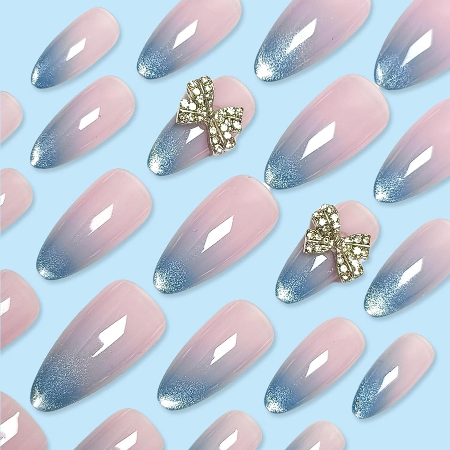 French Tip Almond Press-On Nails with Gold Bow | Reusable Glossy Acrylic False Nails for Women