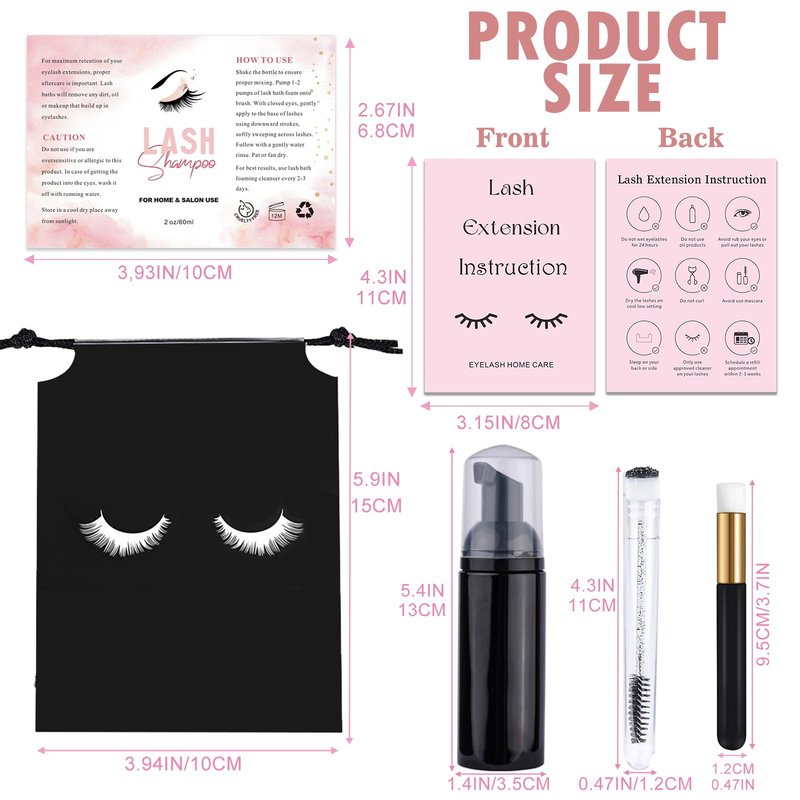60PCS Lash Shampoo Bottles and Brushes Set, 10pcs Foam Pump Dispenser, Lash Cleaning Brush, Eyelash Extension Tube Brush, Instructions Cards, Bags, Lash Shampoo Stickers for Lash Business (B-black)
