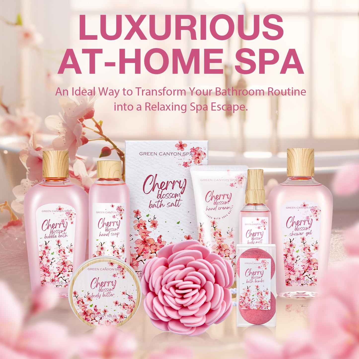 Green Canyon Spa Birthday Gifts for Women 11 Pcs Cherry Blossom Spa Gift Baskets Gift for Mom Friend Sister Wife Mothers Day Gifts Bath and Body Gift Sets Presents for Women