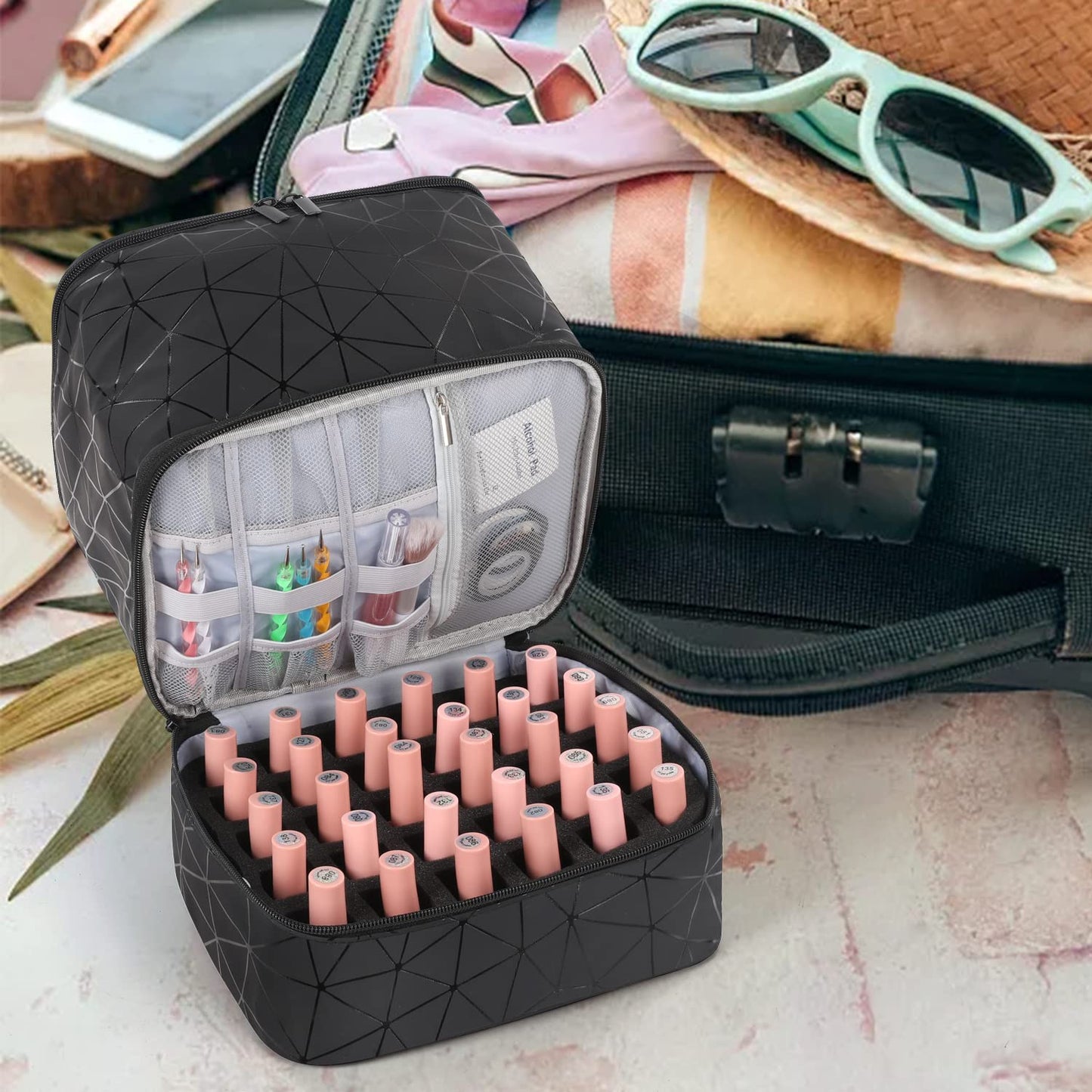 Nail Polish Storage Organizer - Double Layer Gel Nail Polish Bag | Holds 30 Bottles, Portable Compartment Case, Black