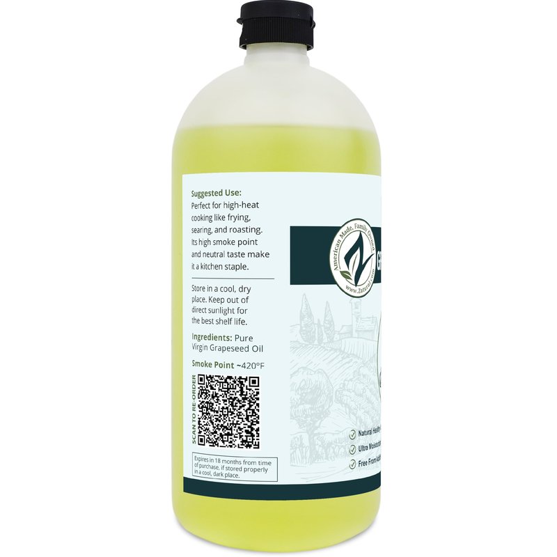 Zatural 100% Pure Cold Pressed Grapeseed Oil – Naturally Grown Virgin, High Smoke Point 450°F+, Non-GMO, Perfect for Cooking Frying Baking, Dressings Marinades & Skincare Hair (32 Fl oz)