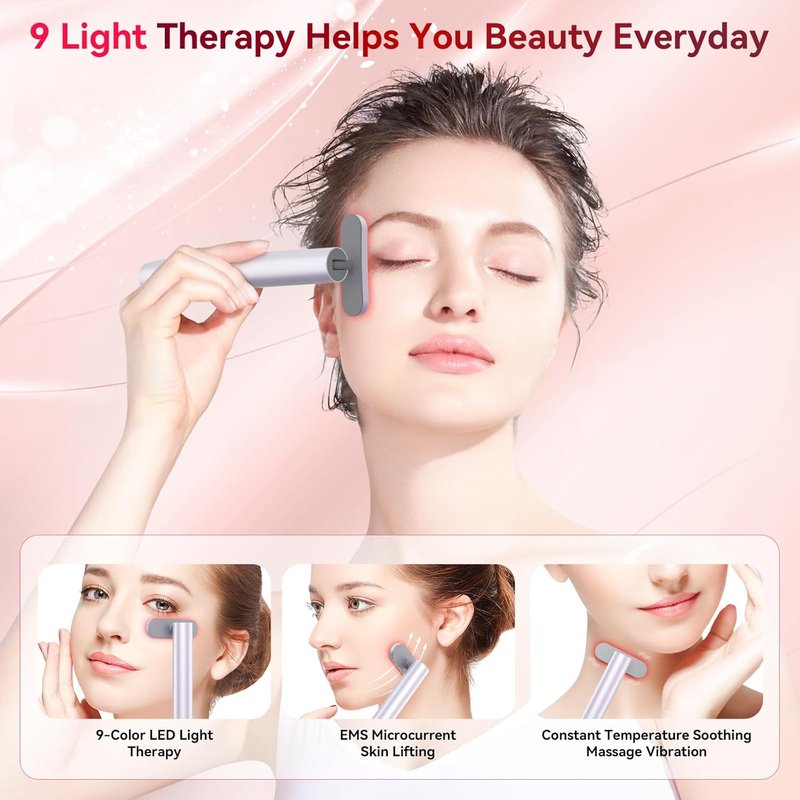 Red Light Therapy Wand - 9-in-1 Portable Facial Massager with Microcurrent & Vibration | Skincare Rejuvenation Tool for Women, Purple