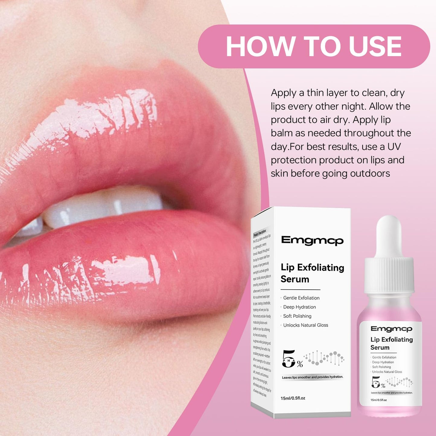 PHA 5% Exfoliating Lip Serum - Leave-On Lip Exfoliator & Moisturize for Dry, Cracked Lips - Hydrating & Moisturizing Serum - Vegan Cruelty-Free Overnight Primer - Smoother Softer Lips