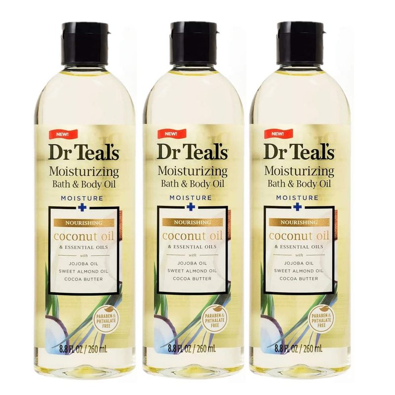 Dr Teal's Bath & Body Oil 3-Pack (26.4 fl oz Total) Moisturizing Coconut Oil & Essential Oils - Skin Soothing Bath and Body Oil - Use in Bath or On Skin