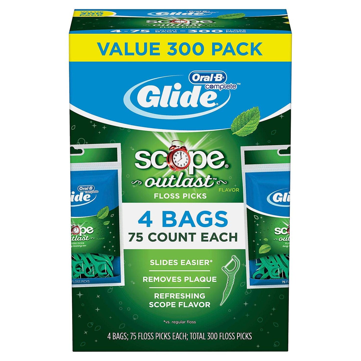 Glide Oral-B Floss Picks - Long-Lasting Mint Flavor, 75 Picks in 4 Packs