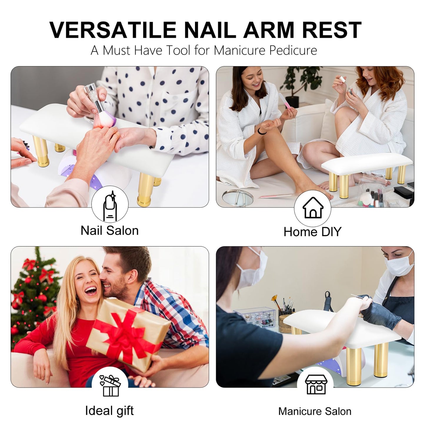 Arm Rest for Nail Tech,Height Adjustable Manicure Nail Hand Rest Pillow,Cleanable Leather Nail Arm Rest Stand for Acrylic Nail Art Tech Salon Home Use,Non-slip Gold Legs(White)