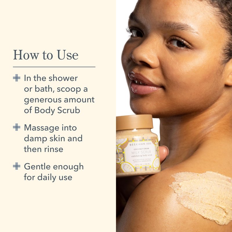 Beekman 1802 Coconut Cream Exfoliating Milk Body Scrub - 8.0 fl oz - Smooths Skin & Evens Out Tone - With Goat Milk & Jojoba Beads - Skin Barrier & Biome Safe - Good for Sensitive Skin - Cruelty Free