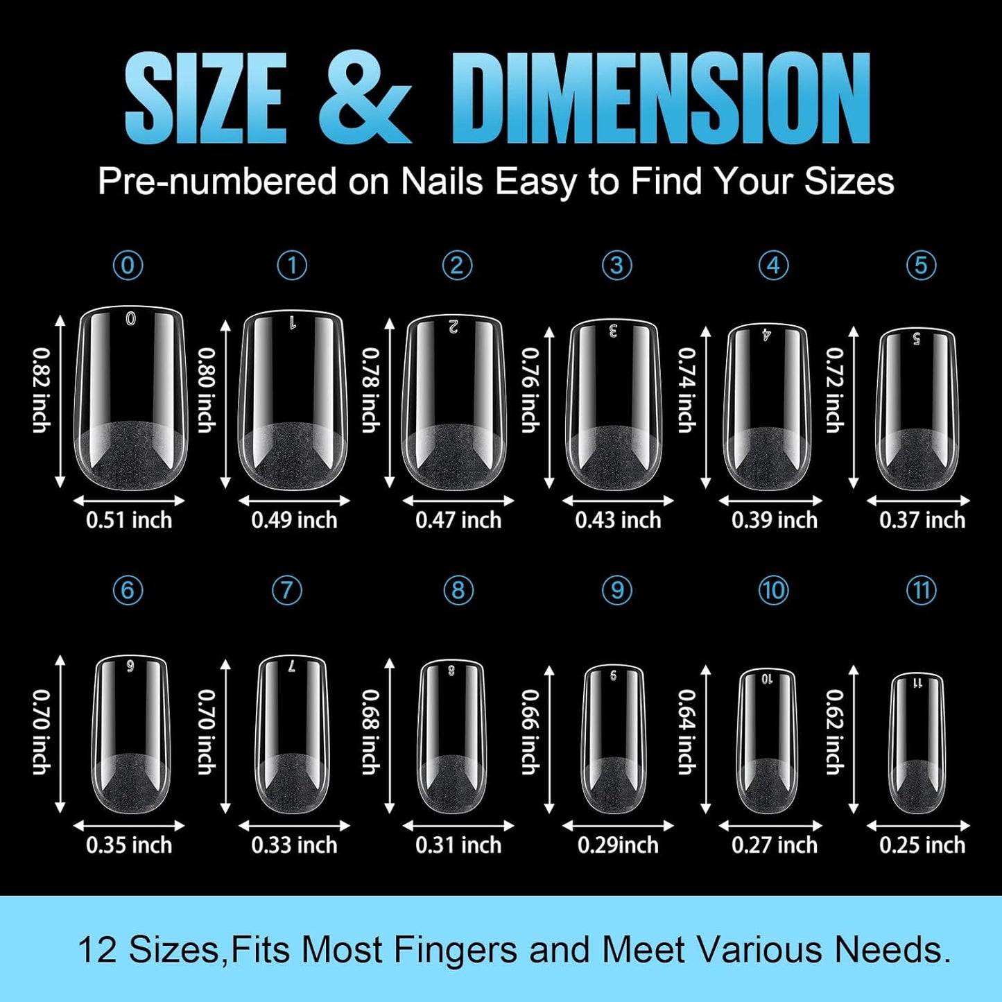 TOMICCA Short Nail Tips Extra Short Square Nail Tips, 192Pcs Fake Nails 12 Sizes Acrylic Clear Nails for Beginner and Professional DIY Gel Nails Salon