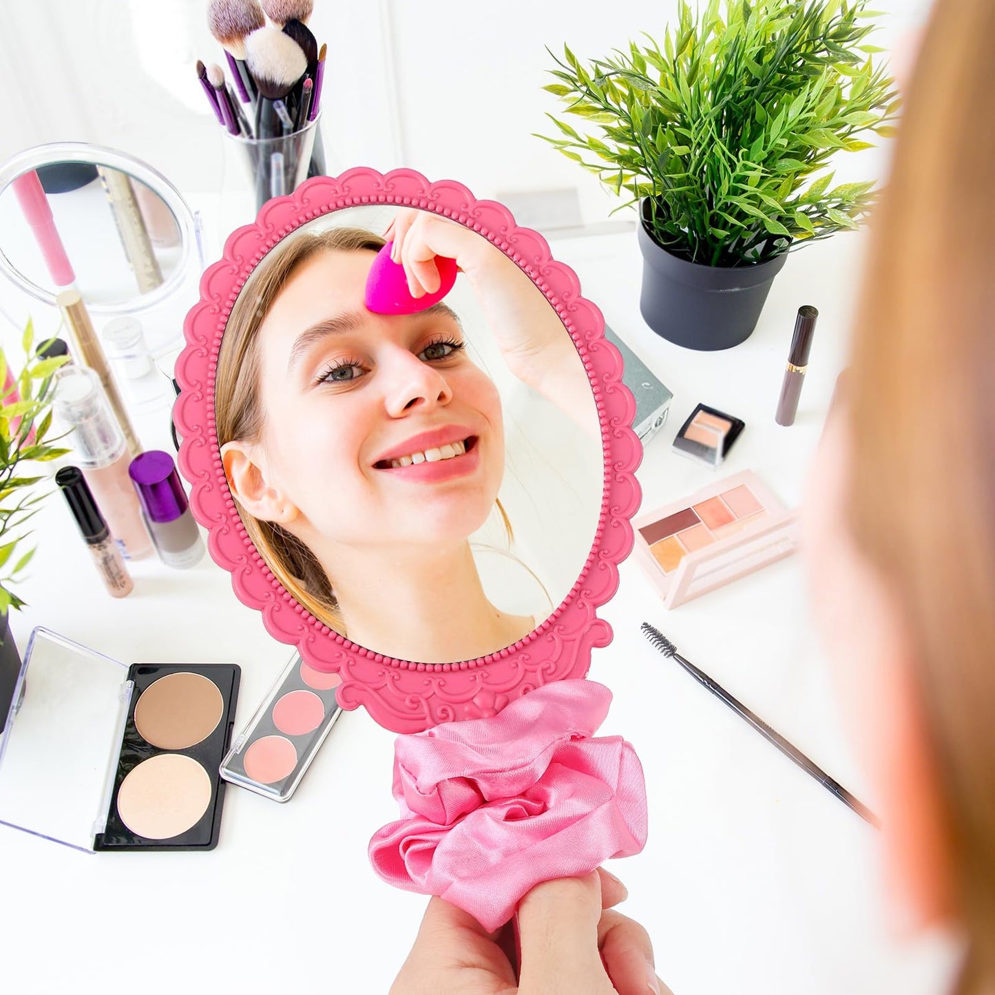 Qunclay 24 Pcs Pink and Green Witch Party Favors Pink & Green Handheld Mirrors with Hair Scrunchie Witch Merch Accessories Theme Birthday Party Decorations Gifts for Women BFF Movie Night Couples