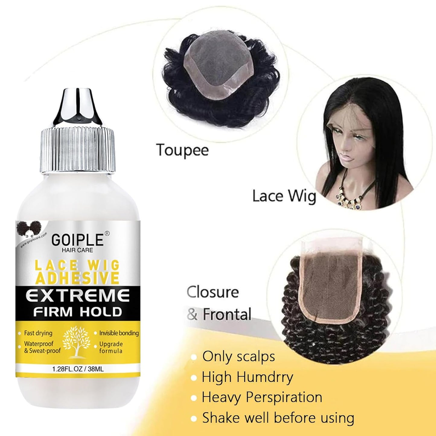 Goiple Wig Glue for Lace Front Wigs, Waterproof Lace Front Wig Glue for Wigs, Strong Hold Transparent Lace Adhesive for Hair Replacement Invisible Hair Bonding Wig Adhesive(1.28 fl oz)