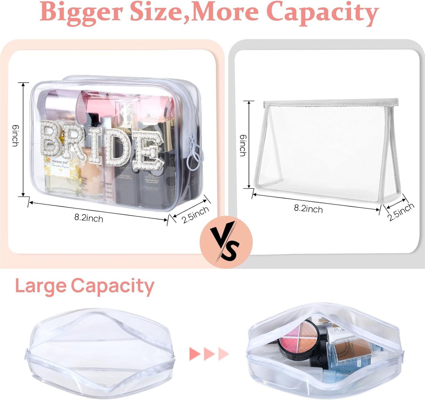 Etercycle Bride Clear Makeup Bag, Bridal Shower Gifts Engagement Cosmetic Bag, Bling Pearl Rhinestone Letter Patches Waterproof PVC Travel Organizer for Women Wedding Bachelorette Party (Gold)