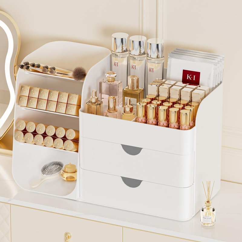 KQJS Makeup Organizer with Drawers, Large Capacity Countertop Organizer for Vanity, Bathroom and Bedroom Desk Cosmetics Organizer, Easy To Storage Skincare, Brushes, Eyeshadow, Lipstick (All White)
