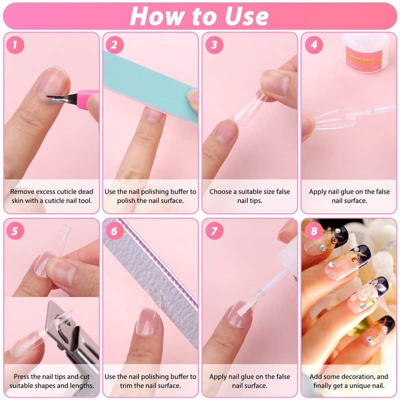 600PCS Clear Coffin Nail Tips Set Qinzave Clear Acrylic Nail Tips with Nail Glue Coffin Nails Full Cover with Nail Display Stand, Cuticle Nail Pusher Remover, Nail Files Buffer