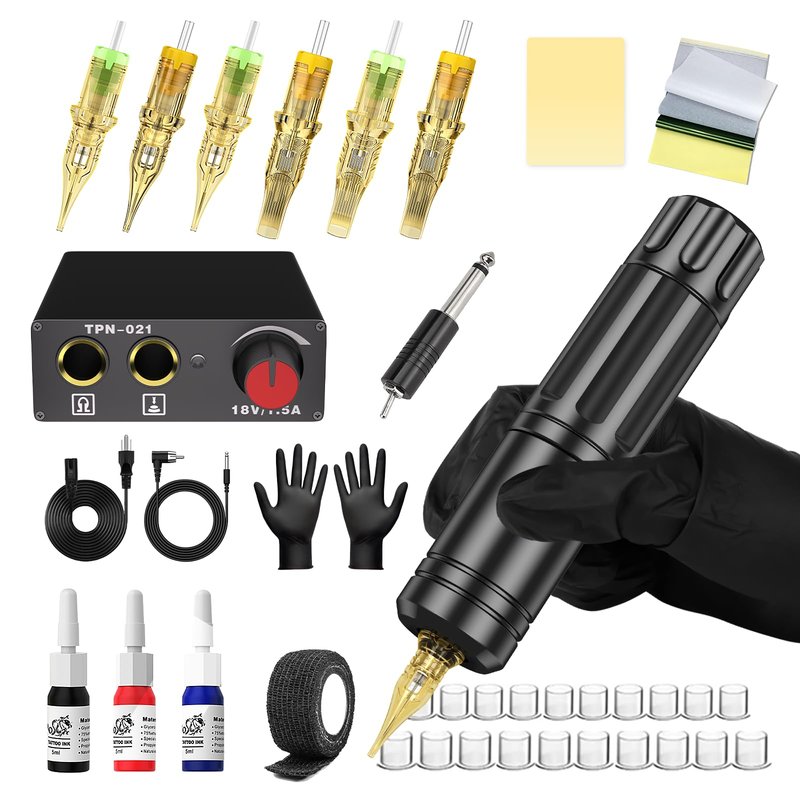 Tattoo Kit Rotary Tattoo Pen Complete Tattoo Machine Kit for Beginners, 6 Pcs Tattoo Cartridge Needles, Ink Color Set for Tattoo Supplies, Tattoo Gun Practice Set for Learner, CTG002 Black