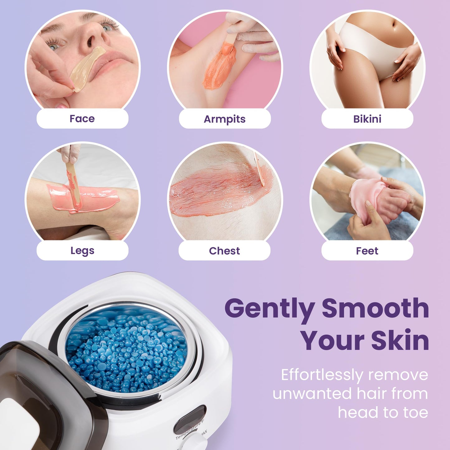 Sunvivi Wax Kit Digital Hair Removal Waxing Kit for Women & Men, Hot Wax Warmer Pot with 5 Bag Hard Wax Beads, Wax Melt Warmer Kit for Full Body, Legs, Face, Bikini,Sensitive skin, White