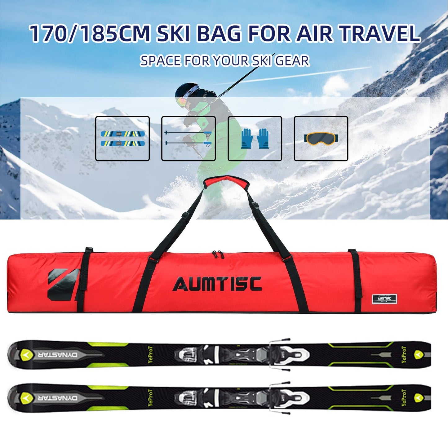 Padded Ski Bag for Air Travel, Single Snow Ski Gear Bags, Skiing Snowboard Bag to Transport Skis with Pocket, Adjustable Handle, 185cm Red
