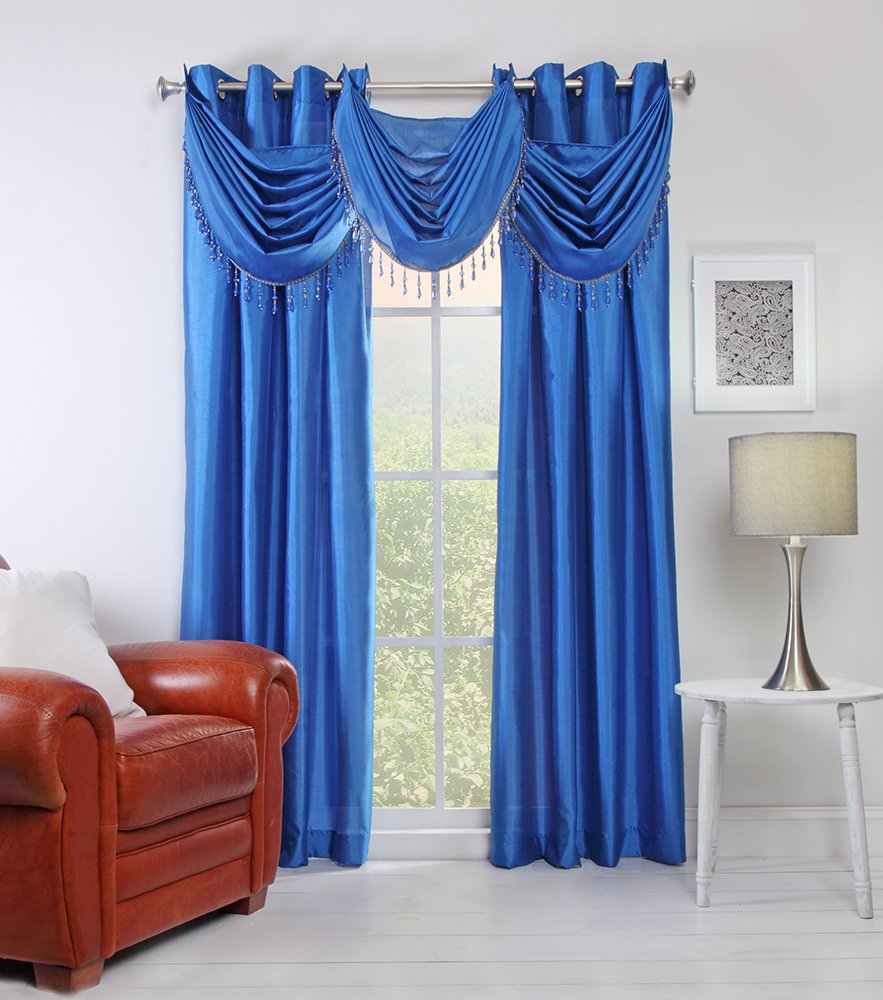 Stylemaster Chelsea Grommet Waterfall Valance with Beaded Trim, 36-Inch by 37-Inch, Sapphire