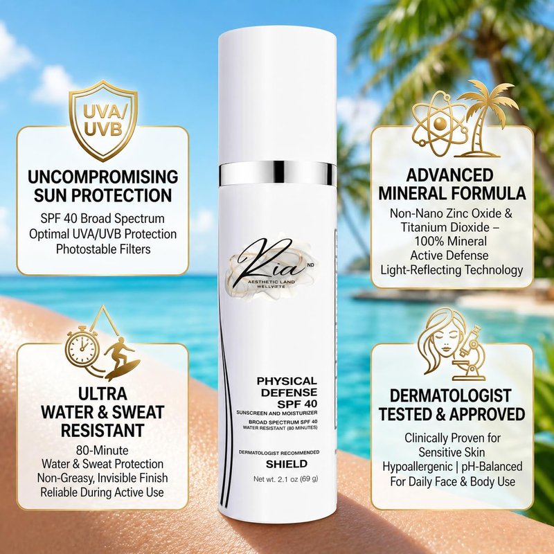 Ria Sunscreen & Moisturizer – Broad Spectrum Face Lotion with Vitamin E – Lightweight, Non-Greasy Daily Skin Protection (Physical Daily Defense with SPF 40)