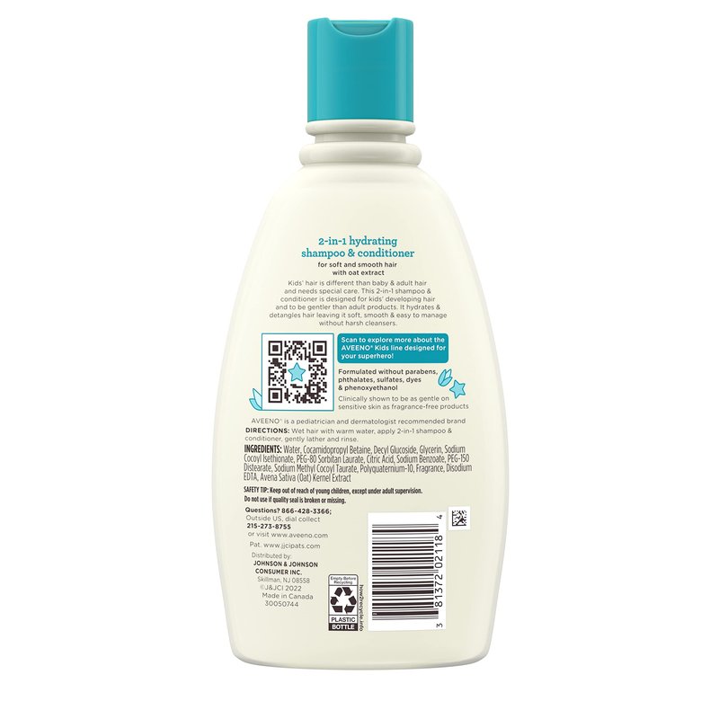 Aveeno Kids Shampoo & Conditioner, Formulated With Oat Extract to Gently Cleanse, Condition & Detangle Kids Hair, For Sensitive Skin and Scalp, Hypoallergenic, 12 Fl Oz