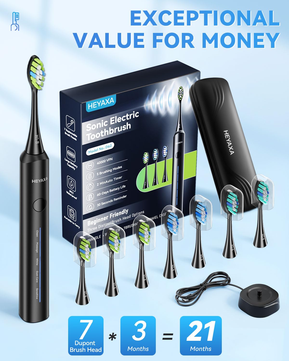 Sonic Electric Toothbrush, Dad Gifts, Gifts for Men, Birthday Gifts for Men, 60-Day Battery Life Rechargeable Power Toothbrush with 5 Modes, 2-Min Smart Timer, 7 Brush Heads & Travel Case (Black)