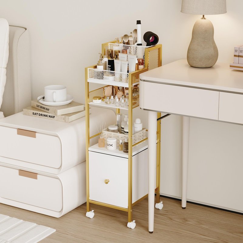 Makeup Organizer Storage Cart with Drawers, Large Floor Makeup Skincare Organizers, Rolling Makeup Cart Vanity Organizer Cosmetics Display Cases Holder for Nail Polish Brush Hair Tool(Gold)