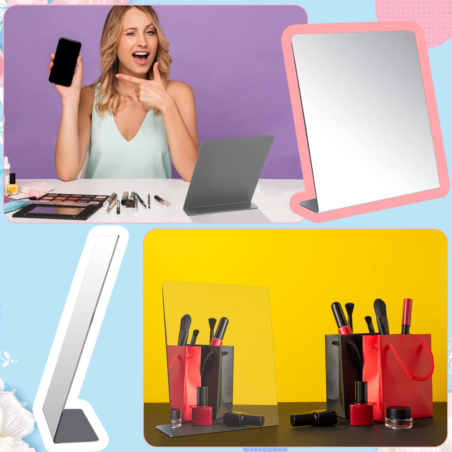 Amyhill 2 Pcs Counter Top Mirror Freestanding Table Desk Mirror Self Portrait Single Sided Acrylic Glass for Tabletop Desk Counter Bedroom Office Bathroom Home Dorm (8.5 x 9 Inch)