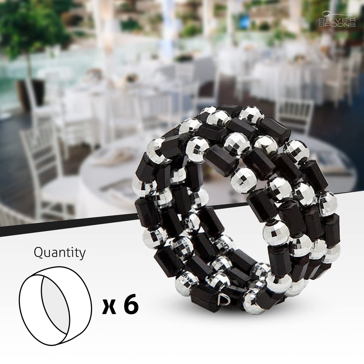 Silver Spoons Elegant Beaded Napkin Rings Set of 6, Napkin Holders for Tablesetting, Great for Parties, Weddings, Engagements, Baby Showers, Holiday, Christmas, Upscale Events, Dinners & Celebrations - Black/Silver