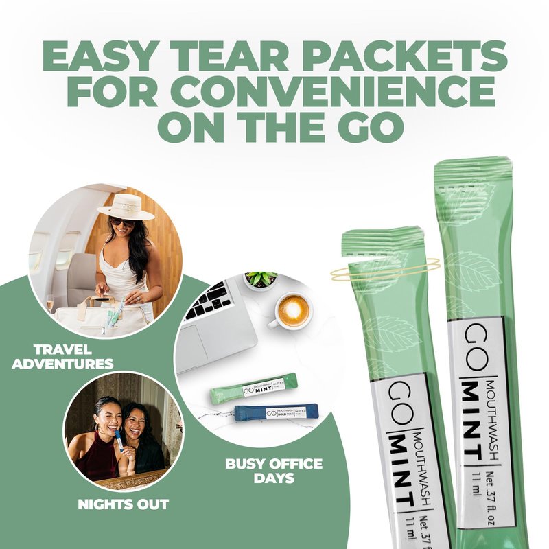 GO Travel Size Mouthwash Packets – Individual Mini Single Packets for Fresh Breath - TSA Compliant - Smart Packet Design to Reduce Travel Bottle Waste. Alcohol-Free.