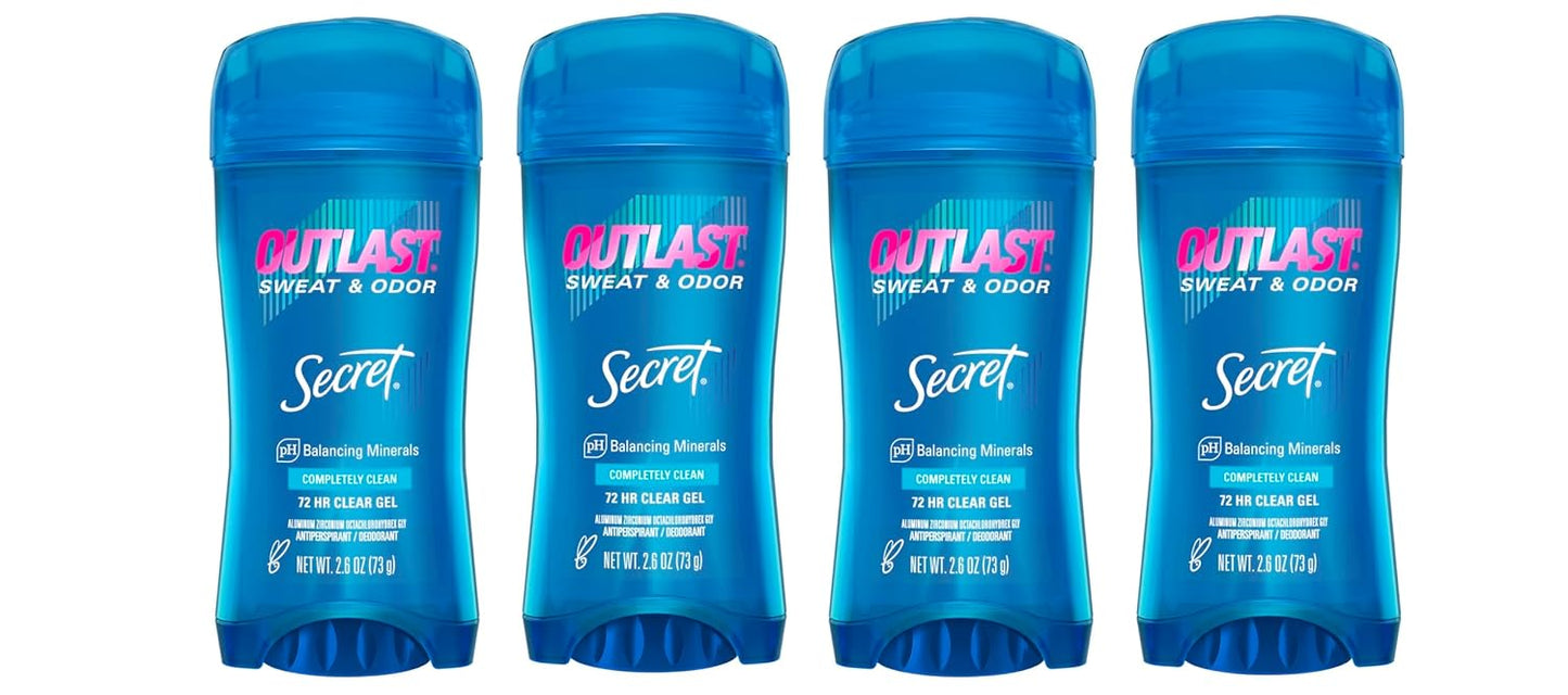 Secret Outlast Antiperspirant Deodorant for Women, 72hr Sweat & Odor Protection, PH Balancing Minerals, Clear Gel, Unscented, 2.6 oz