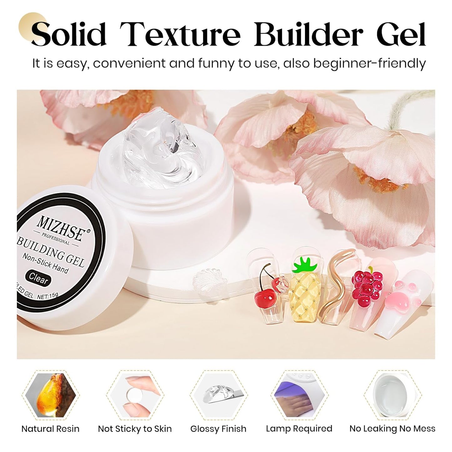 MIZHSE Solid Builder Gel for Nails, Clear Non-Sticky Sculpting Gel, 3D Nail Art Carving Building Modeling Hard Nail Extension Soak Off UV/LED Nail Art Salon Home DIY 15g