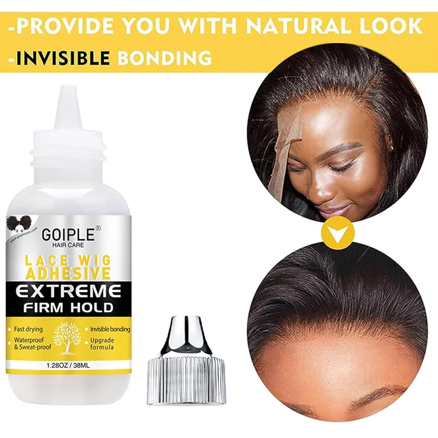 Goiple Wig Glue for Lace Front Wigs, Waterproof Lace Front Wig Glue for Wigs, Strong Hold Transparent Lace Adhesive for Hair Replacement Invisible Hair Bonding Wig Adhesive(1.28 fl oz)