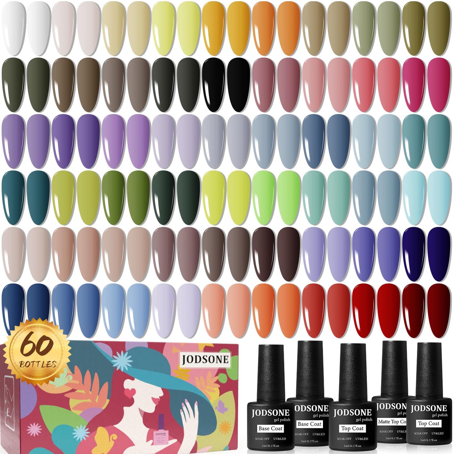 JODSONE Gel Nail Set 20+3 Colors High Shine Gorgeous Gel Polish Base Top Matte Coat Nice Gifts Show Charm