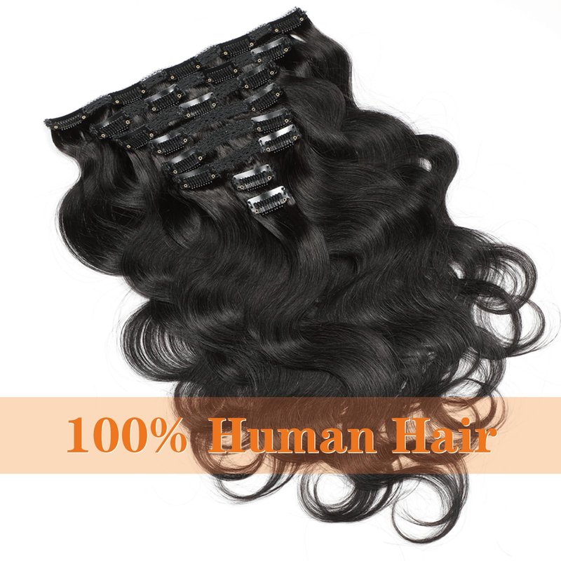 Yacurcur Body Wave Clip Ins Human Hair 8Pcs/Set 120 Gram Body Wave Clip in Hair Extensions 10A Brazilian Virgin Human Hair for Black Women Natural Black Color 16 Inch