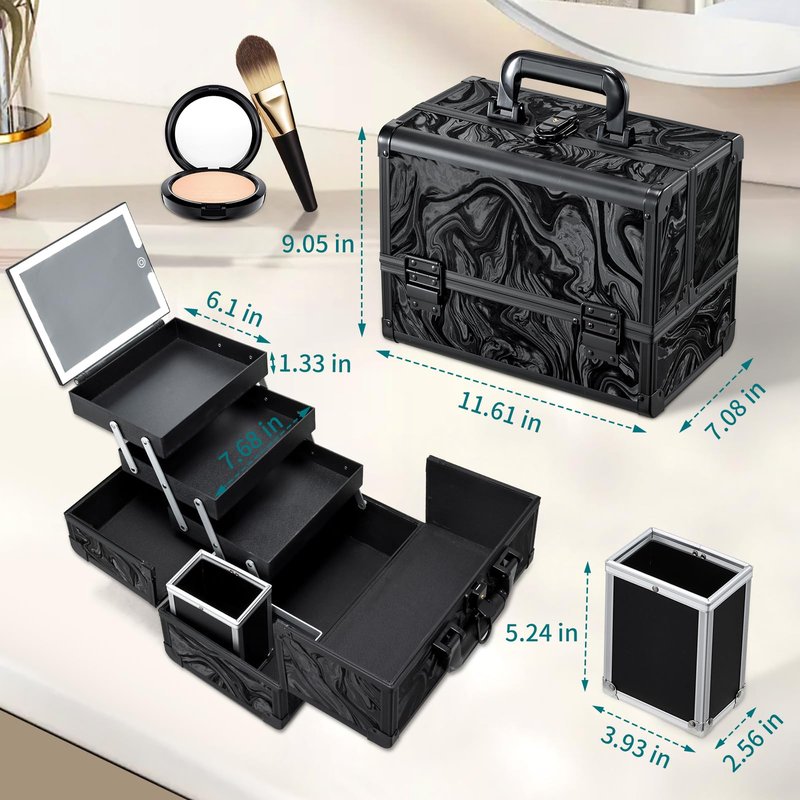 Faquenc Travel Makeup Case with LED Lighted Mirror - 11.6" Portable Makeup Organizer Box, Cosmetic Train Case with Detachable Brush Holder - Fluid Black