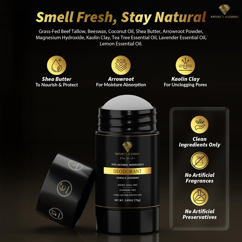 100% Natural Deodorant - Baking Soda & Aluminum Free - Gentle for Sensitive Skin - Long Lasting Protection (Vanilla Lavender)