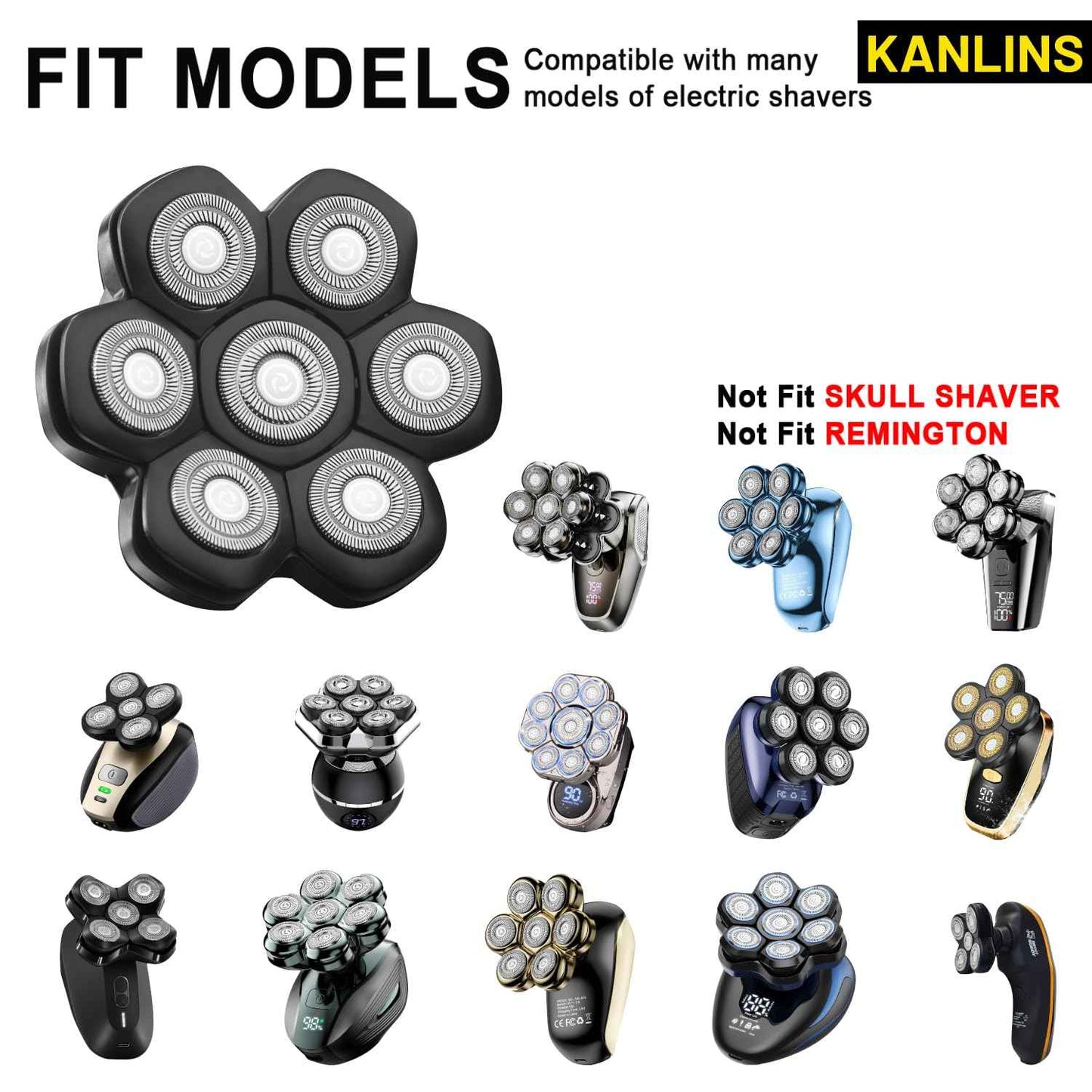 7 Blade Replacement Shavers Head, Washable Shaver Blade Floating Heads Replacement for Head Shaver, Wet & Dry Compatible for Rotary Shavers