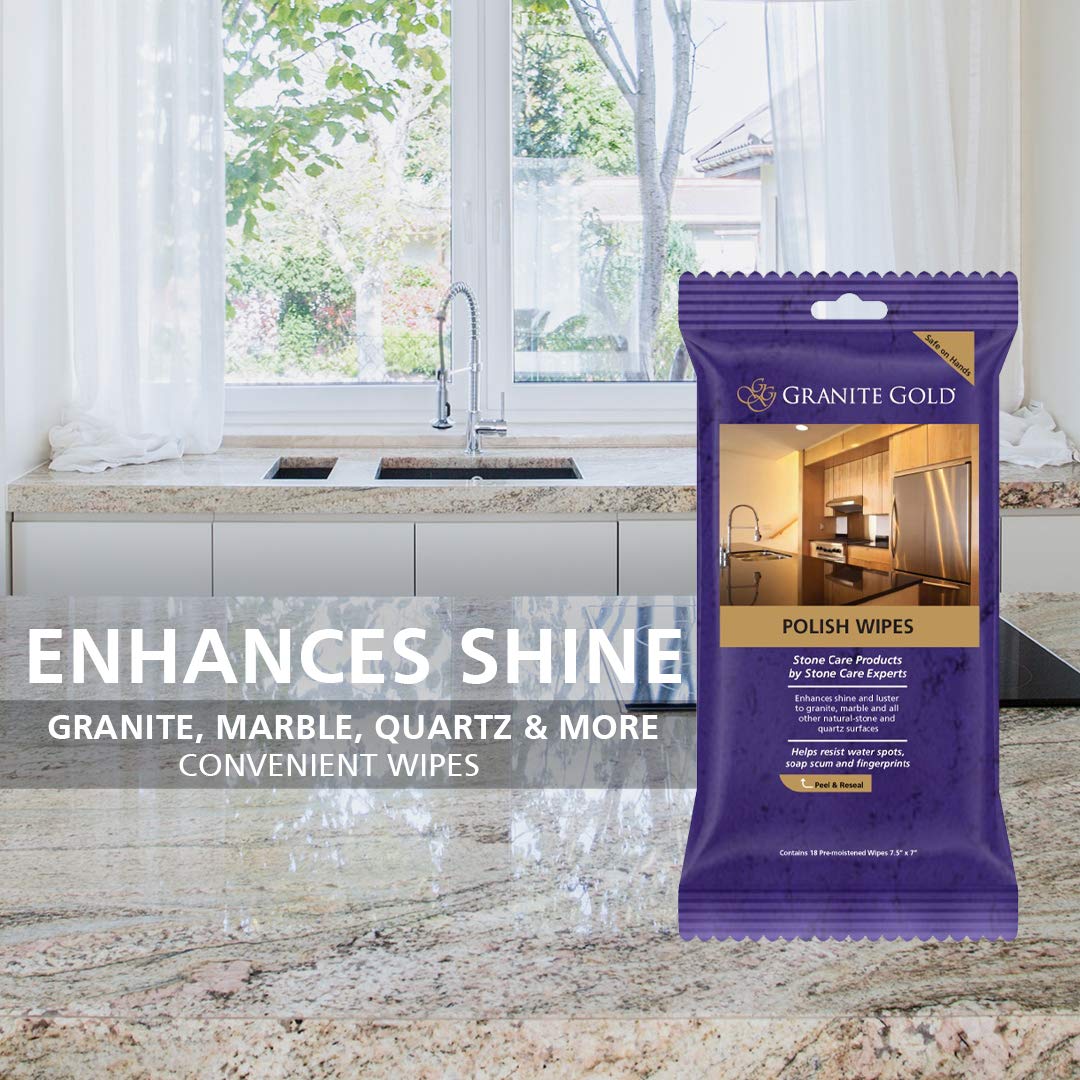 Granite Gold Polish Wipes Streak-Free Shine for Granite, Quartz, Marble, Travertine, Natural Stone Countertops, 18 Count, 1-Pack