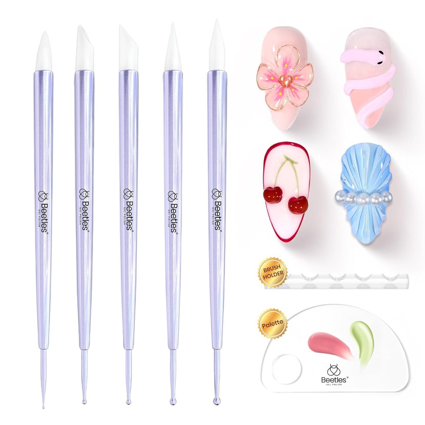 Beetles Nail Art Brushes, 8pcs Double-headed Nail Art Tool Set, Nail Dotting Tools, Striping Nail Art Brushes for Lines, Nail Drawing Pen with Bow knot Stickers Gift for Women
