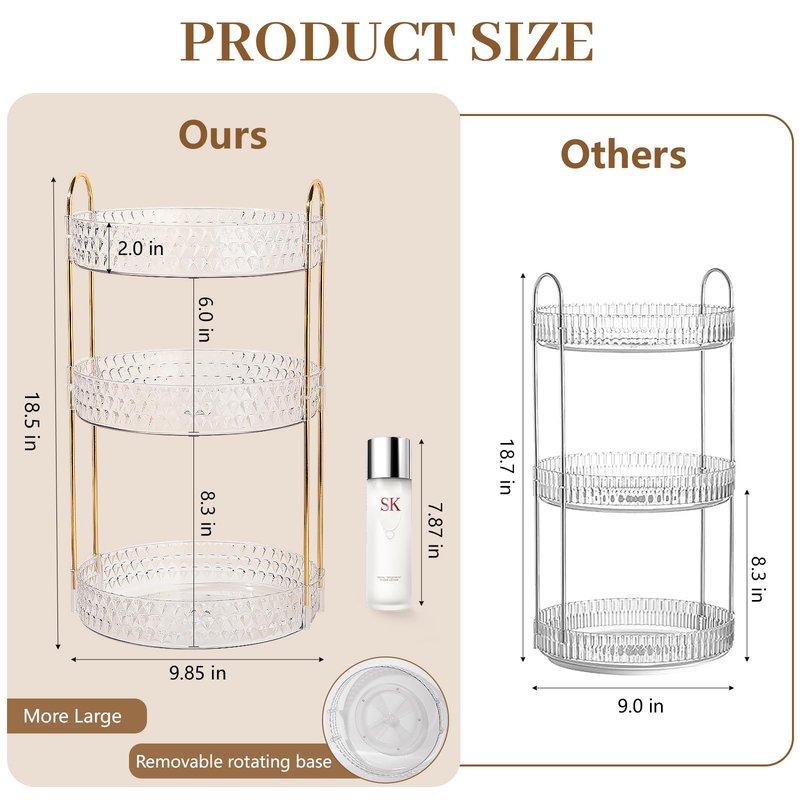 Rotating Makeup Organizer for Vanity, 3 Tier Perfume Skincare Storage for Women, Bathroom Counter Organizer, 360° Spinning Cosmetic Holder for Dresser Countertop, Clear