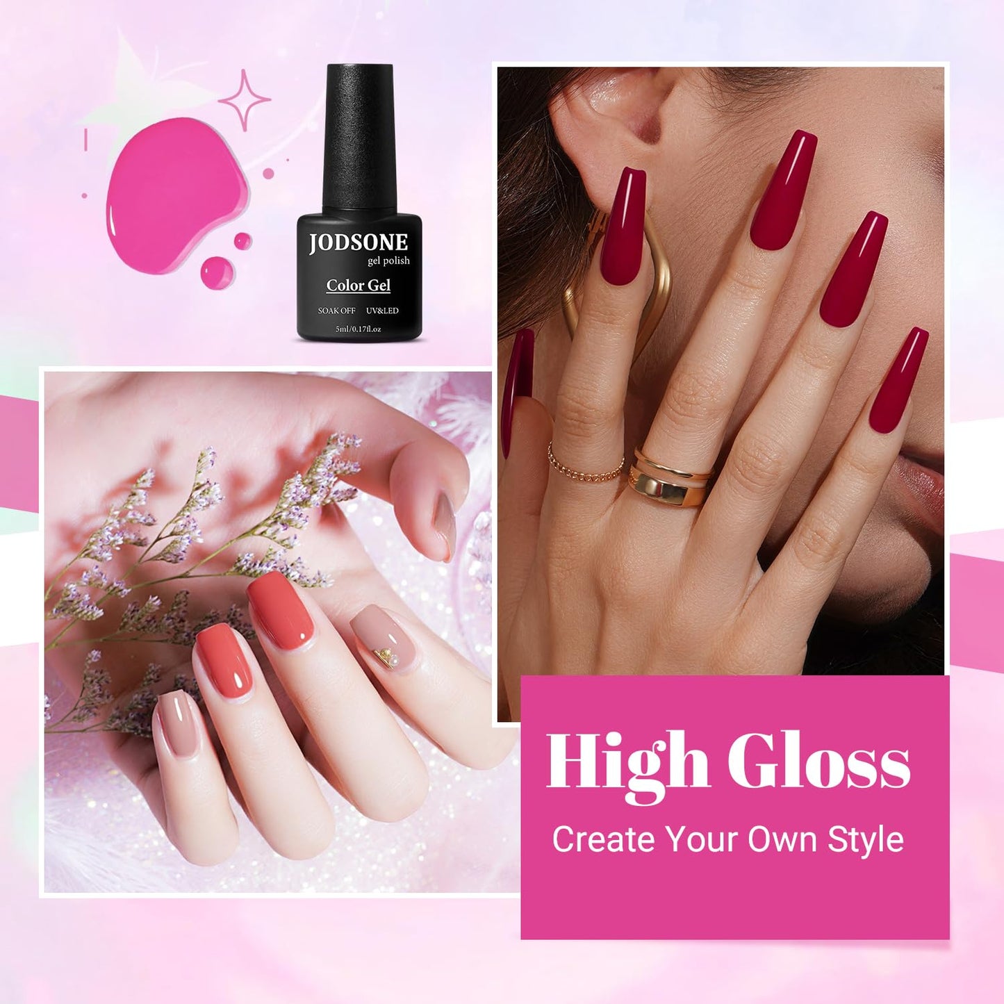 JODSONE Gel Nail Set 20+3 Colors High Shine Gorgeous Gel Polish Base Top Matte Coat Nice Gifts Show Charm